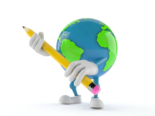 World globe karaktär innehav penna — Stockfoto