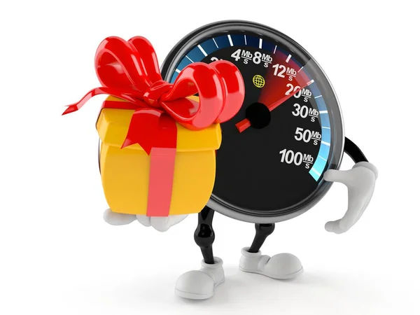 Netwerksnelheidsmeter karakter holding gift — Stockfoto