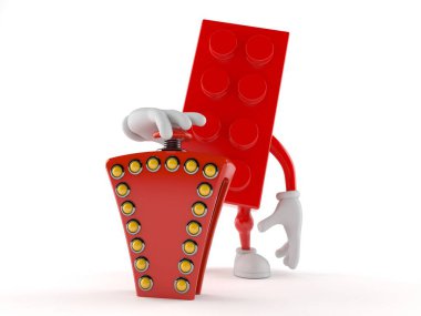 Oyuncak blok karakteri Sınav düğmesine basıyor