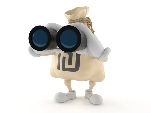 Shekel money bag character looking through binoculars — Stock Photo, Image