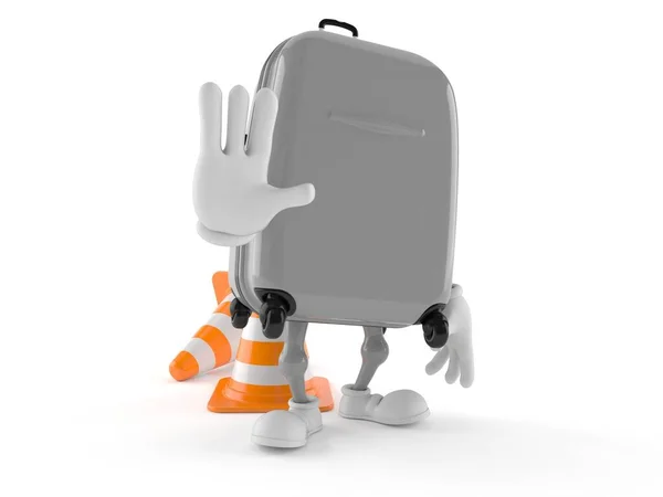 Caráter da mala com cone de trânsito — Fotografia de Stock