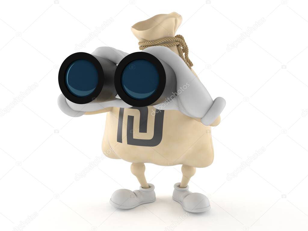 Shekel money bag character looking through binoculars