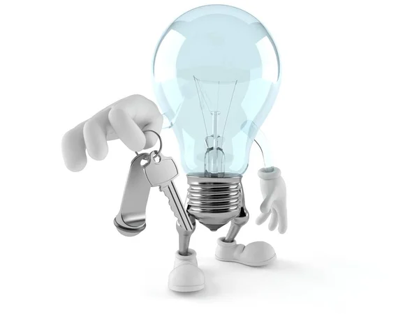 Light bulb character holding hotel door key — Stock Photo, Image