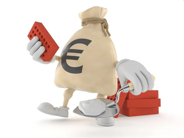 Euro dinheiro personagem saco com espátula e tijolos — Fotografia de Stock