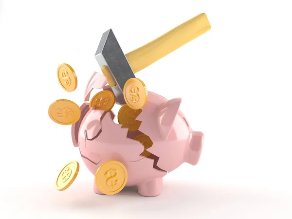 Broken piggy bank with coins and hammer — Stock Photo, Image