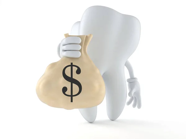 Tooth character holding money bag — Stock Photo, Image