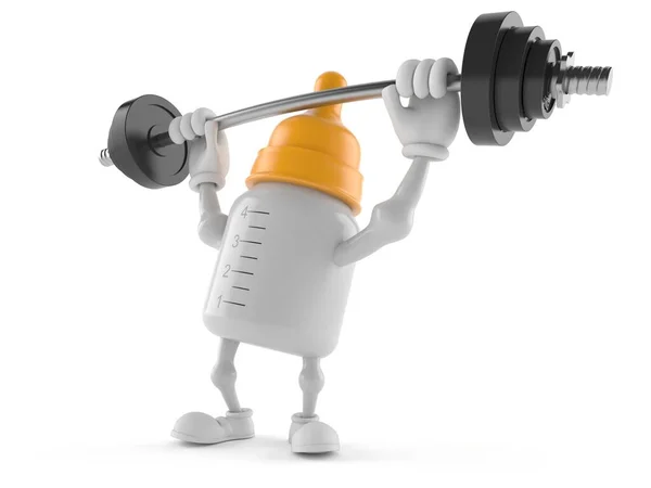 Baby bottle character lifting heavy barbell — Stock Photo, Image