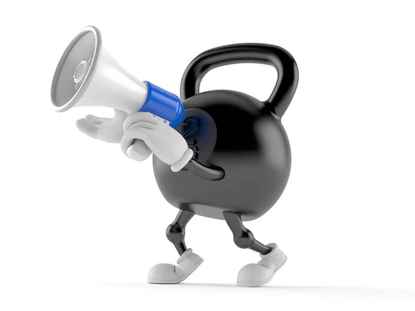 Kettlebell karakter spreekt door een megafoon — Stockfoto