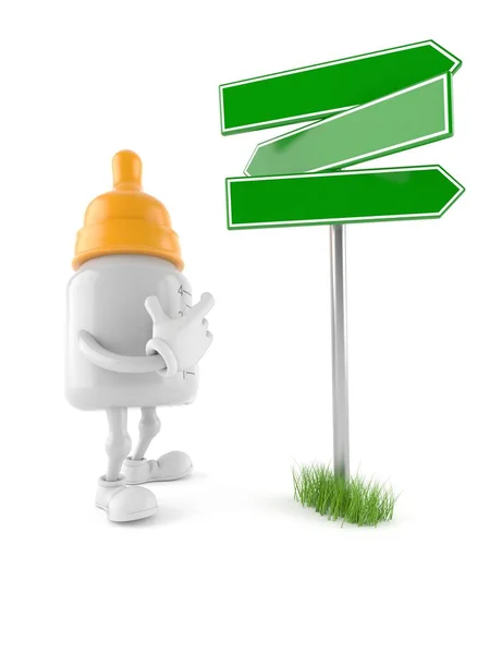 Baby bottle character with signpost — ストック写真