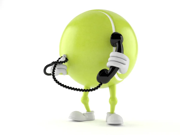 Teniszlabda karakter kezében egy telefonkészülék — Stock Fotó