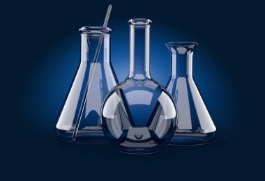 Mavi arka planda kimya şişeleri