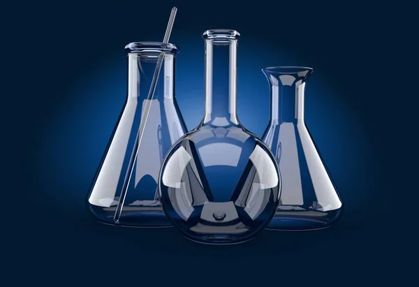 Frascos de química sobre fundo azul — Fotografia de Stock