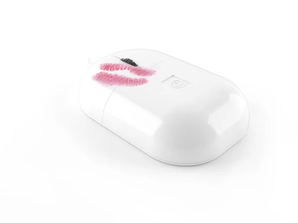 Computer muis met lippenstift kus — Stockfoto