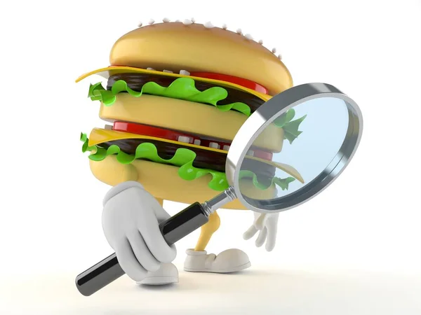 Hamburger character looking through magnifying glass — Stock Photo, Image