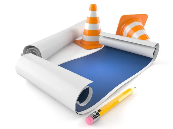 Blueprints with traffic cones isolated on white background — Stock Photo, Image