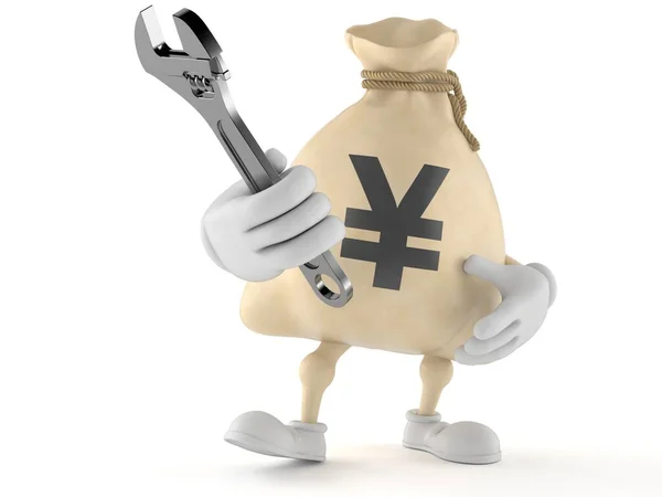 Yen penningpåse karaktär innehav justerbar skiftnyckel — Stockfoto