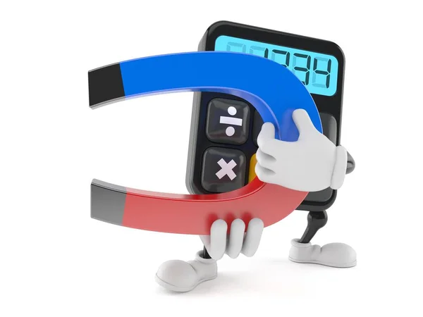 Calculator character holding magnet — Stock Photo, Image