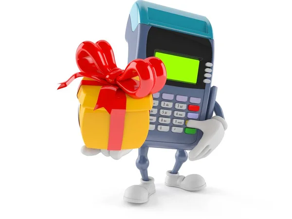 Postać czytnika kart kredytowych z prezentem — Zdjęcie stockowe