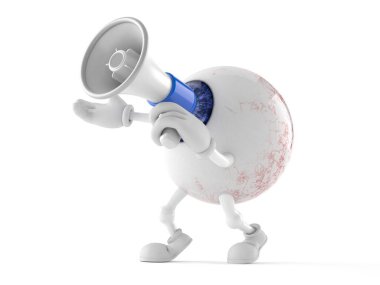 Göz topu karakteri megafonla konuşuyor.