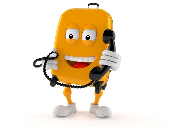 Personagem de mala segurando um aparelho de telefone — Fotografia de Stock