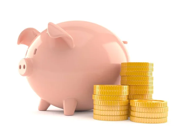 Piggy bank met stapel van munten — Stockfoto