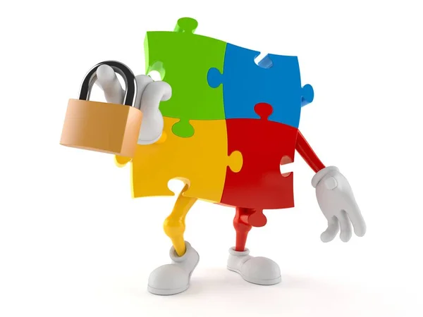 Jigsaw puzzle character holding padlock — Stock Photo, Image