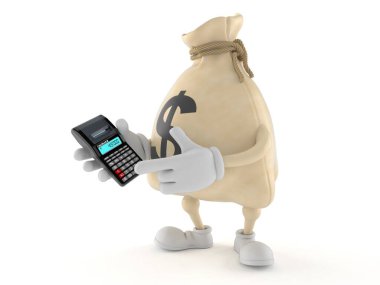 Hesap makinesi kullanan dolar para çantası karakteri