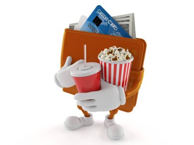 Cüzdan karakteri elinde patlamış mısır ve soda tutuyor.