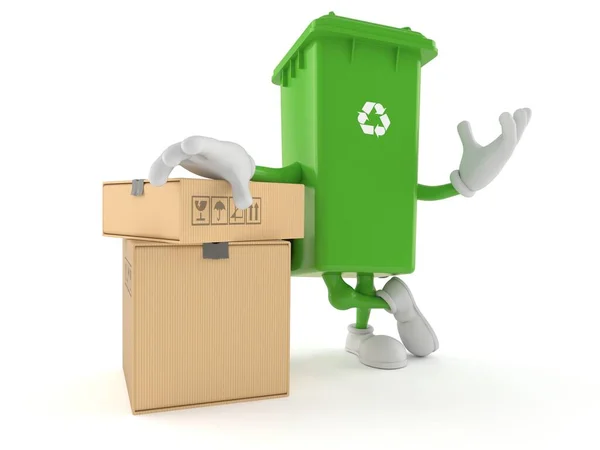 Dustbin character with stack of boxes — Stock Photo, Image