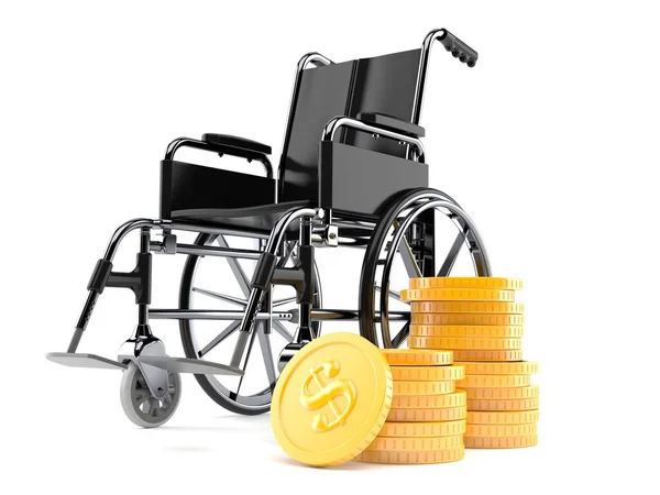 Αναπηρική καρέκλα με στοίβα νομισμάτων — Φωτογραφία Αρχείου