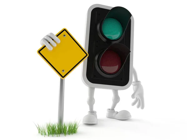 Green traffic light character with blank road sign — ストック写真