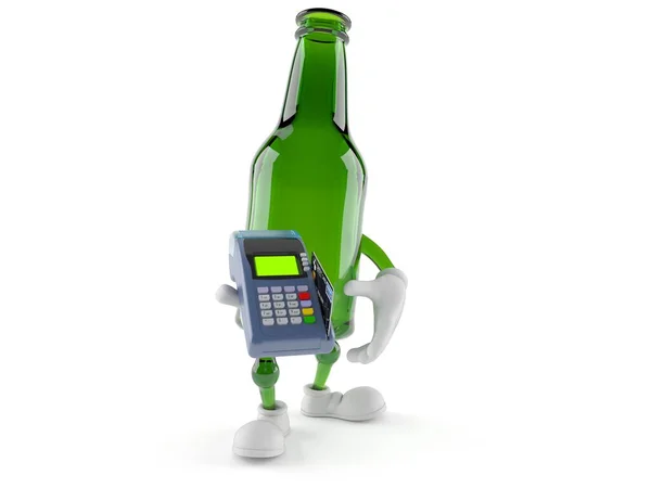 Caráter garrafa de vidro verde segurando leitor de cartão de crédito — Fotografia de Stock