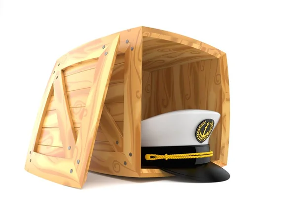 Chapeau de capitaine à l'intérieur caisse en bois — Photo