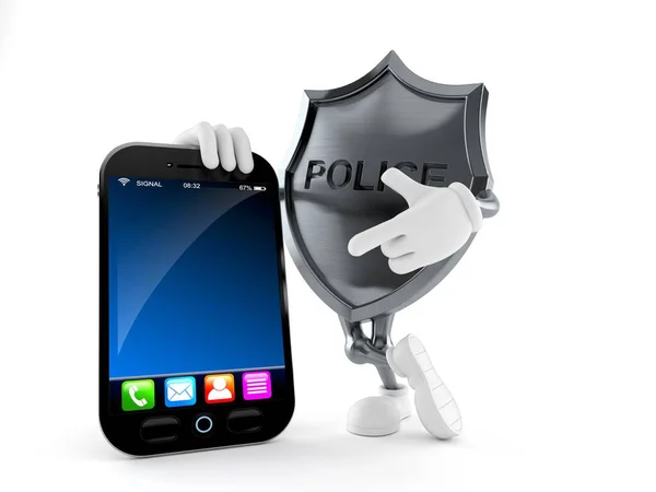 Police badge character with smartphone — Stock Photo, Image