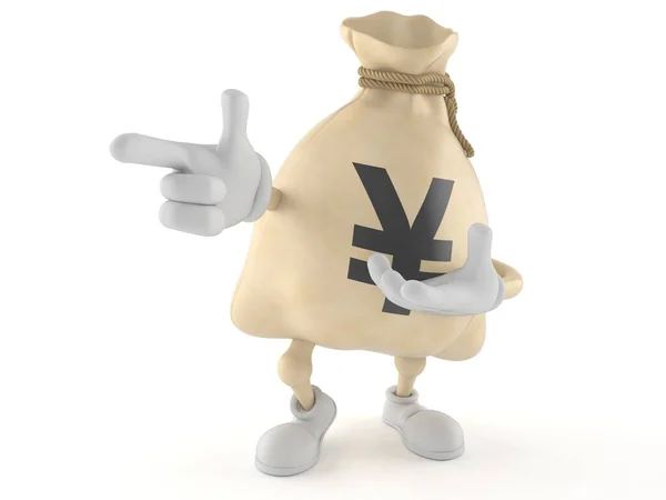 Yen money bag character pointing finger — Stock Photo, Image