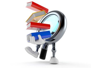 Büyütücü cam karakter kitap taşıyor.