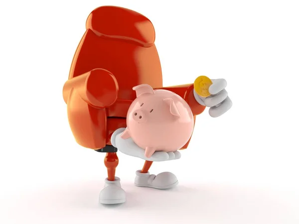 동전으로 돼지 저금통을 들고 있는 의자 캐릭터 — 스톡 사진
