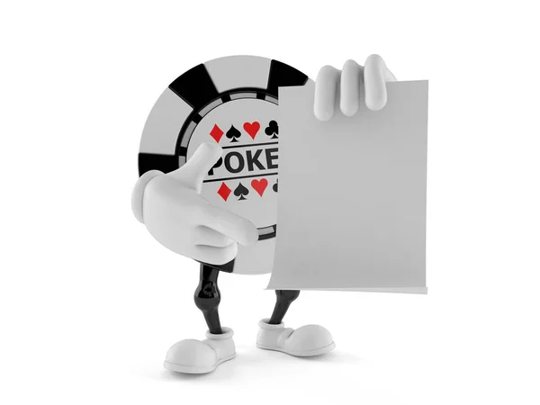 Χαρακτήρας τσιπ τυχερών παιχνιδιών που δείχνει το δάχτυλο σε κενό φύλλο χαρτιού — Φωτογραφία Αρχείου