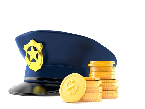 Rendőrsapka egy halom érmével — Stock Fotó