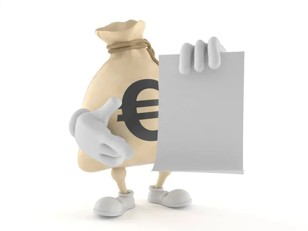 Euro dinheiro saco caráter segurando folha de papel em branco — Fotografia de Stock