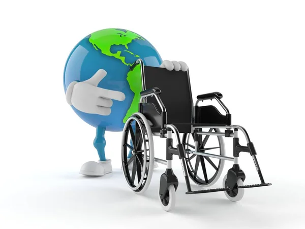 Mundo globo carácter con silla de ruedas — Foto de Stock