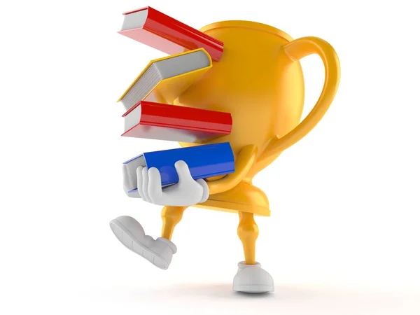 Golden trophy character carrying books — Stock Photo, Image