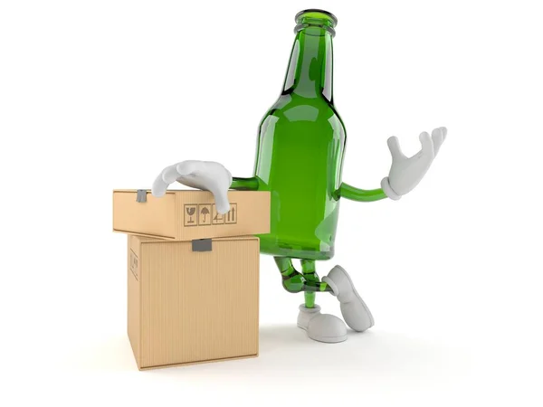 Grüne Glasflasche Charakter mit Stapel von Schachteln — Stockfoto