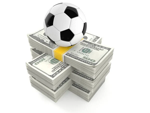 Soccer ball on stack of money — Stock Photo, Image