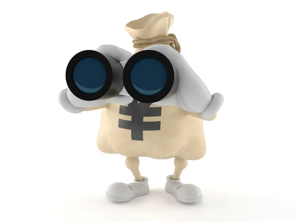 Yen money bag character looking through binoculars — 图库照片