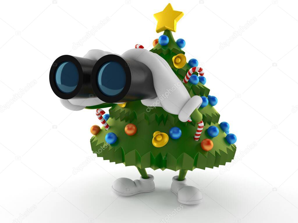 Christmas tree character looking through binoculars