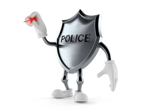 Police badge character holding thumbtack — Stock Photo, Image