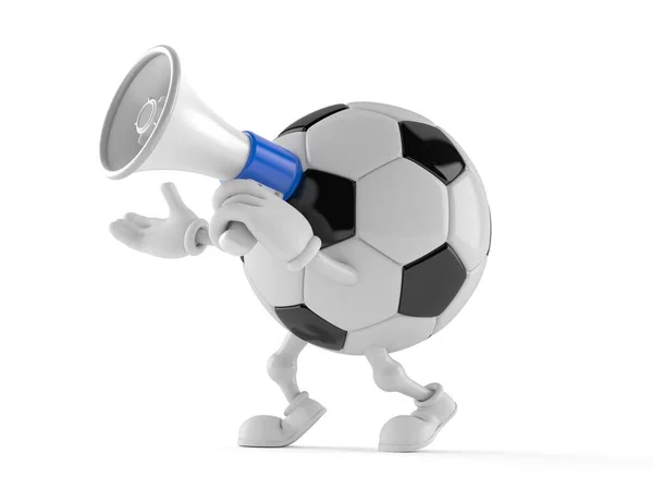 Soccer ball character speaking through a megaphone — Stock Photo, Image