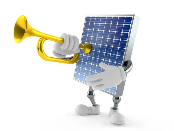 Fotovoltaikus panel karakter játszik a trombita — Stock Fotó