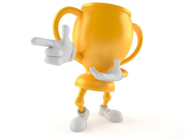 Golden trophy character pointing finger — Stock Photo, Image